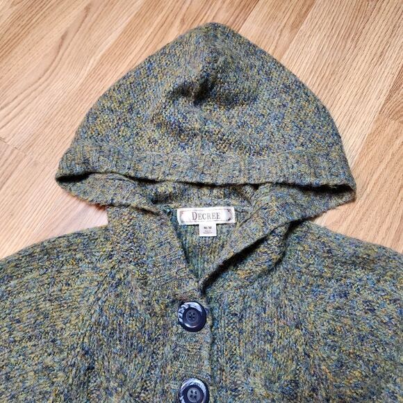 🇬🇪🔹️Decree Variegated Olive Button Front Hooded Batwing Sweater Medium - Picture 5 of 12